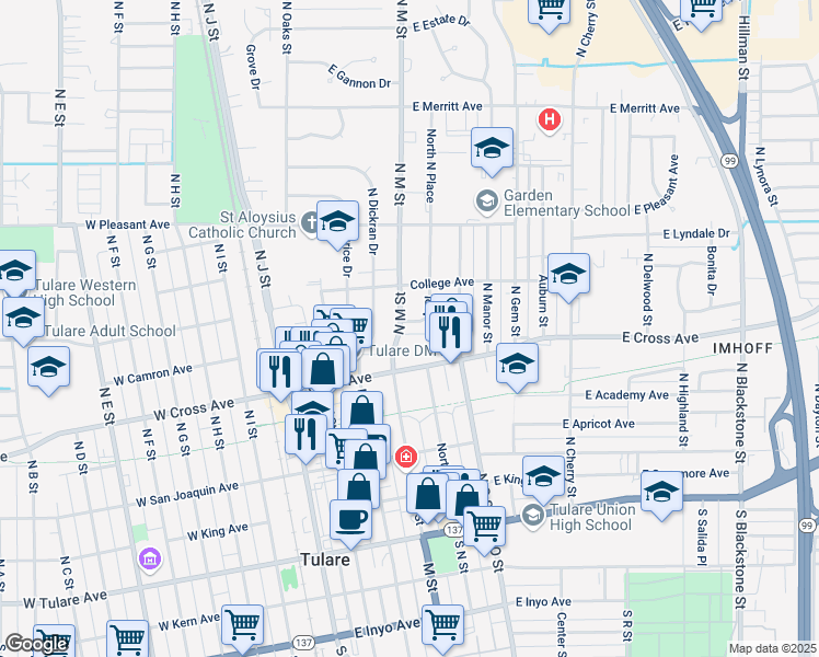 map of restaurants, bars, coffee shops, grocery stores, and more near 508 North North Place in Tulare