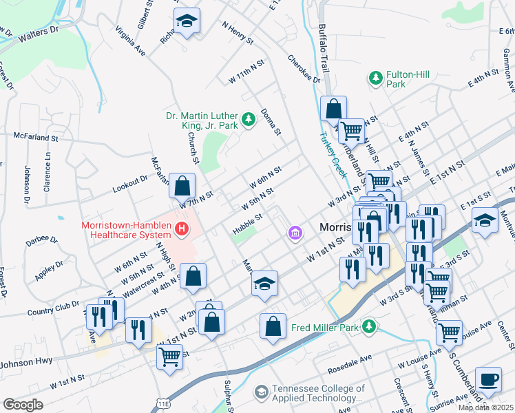 map of restaurants, bars, coffee shops, grocery stores, and more near 535 North Jackson Street in Morristown