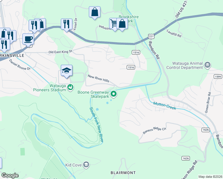 map of restaurants, bars, coffee shops, grocery stores, and more near The Greenway Trail in Boone