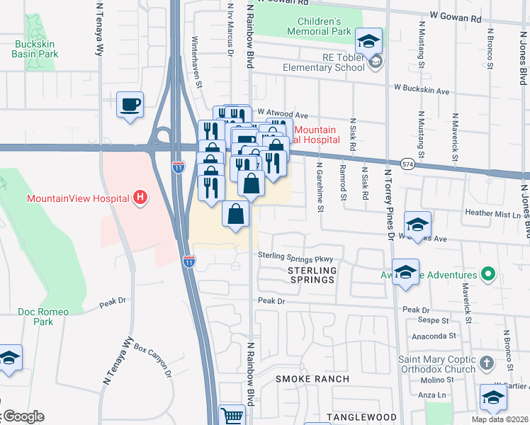 map of restaurants, bars, coffee shops, grocery stores, and more near 3012 Light Wind Court in Las Vegas