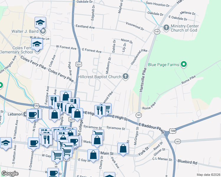 map of restaurants, bars, coffee shops, grocery stores, and more near 609 Hartsville Pike in Lebanon