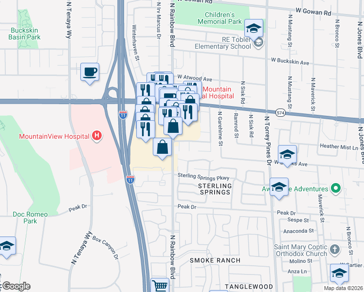 map of restaurants, bars, coffee shops, grocery stores, and more near 3012 Light Wind Court in Las Vegas