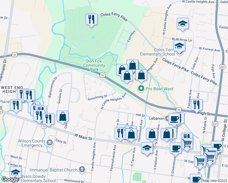 map of restaurants, bars, coffee shops, grocery stores, and more near 2 Phillips Court in Lebanon