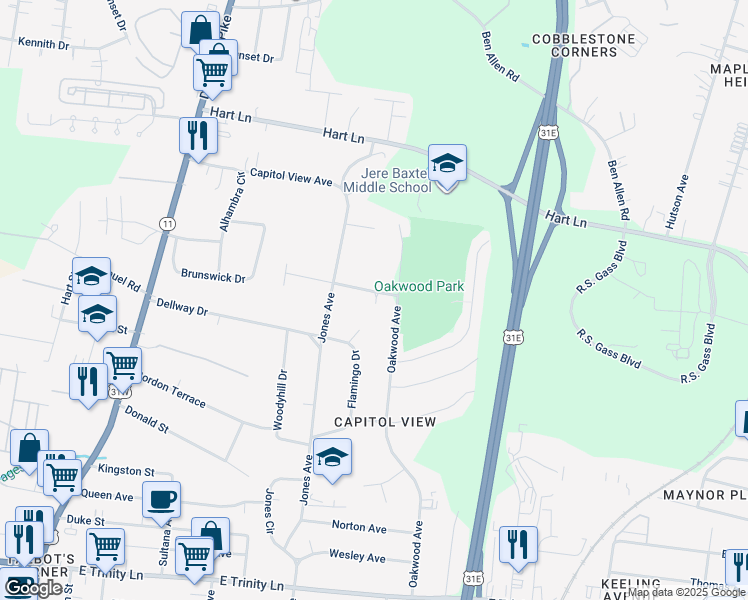 map of restaurants, bars, coffee shops, grocery stores, and more near 2704 Oakwood Avenue in Nashville