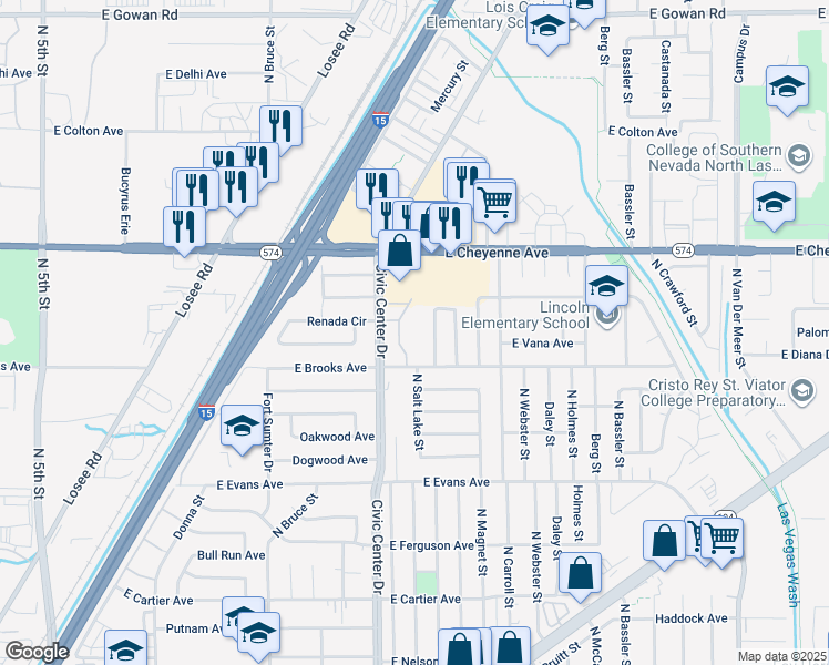map of restaurants, bars, coffee shops, grocery stores, and more near 3009 Arrowhead Street in North Las Vegas