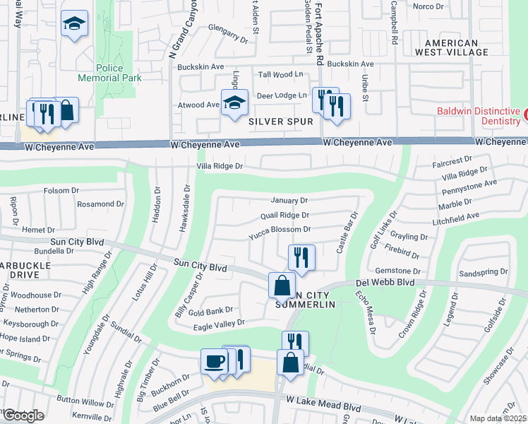 map of restaurants, bars, coffee shops, grocery stores, and more near 9420 Yucca Blossom Drive in Las Vegas