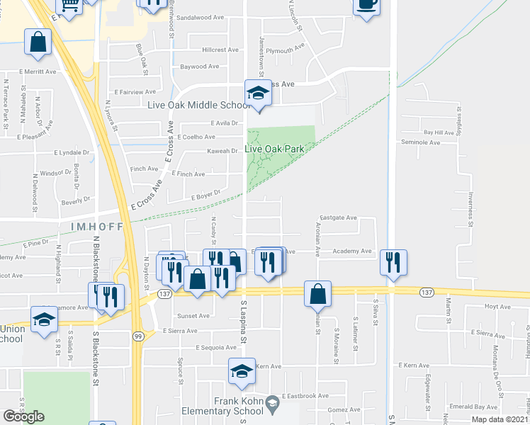 map of restaurants, bars, coffee shops, grocery stores, and more near 1756 East Eastgate Avenue in Tulare