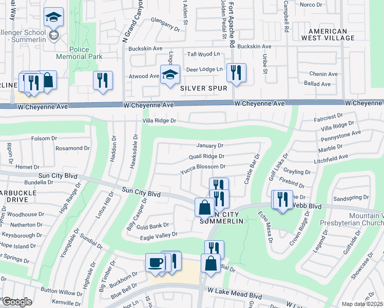 map of restaurants, bars, coffee shops, grocery stores, and more near 9436 Quail Ridge Drive in Las Vegas