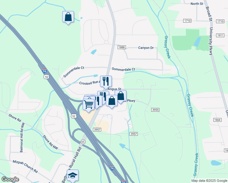 map of restaurants, bars, coffee shops, grocery stores, and more near 684 Angus Street in Rural Hall