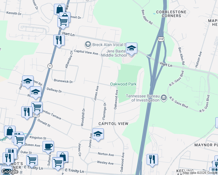 map of restaurants, bars, coffee shops, grocery stores, and more near 2720 Bullock Avenue in Nashville