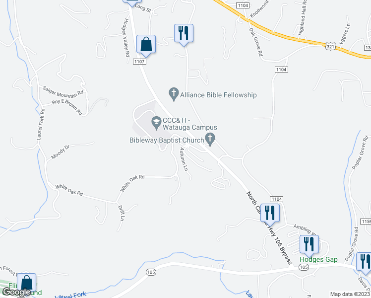map of restaurants, bars, coffee shops, grocery stores, and more near 118 Knowles Haven Lane in Boone
