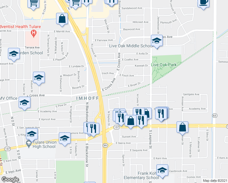 map of restaurants, bars, coffee shops, grocery stores, and more near 1256 Tustin Circle in Tulare