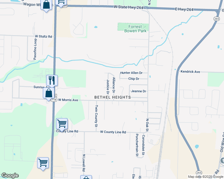 map of restaurants, bars, coffee shops, grocery stores, and more near 3432 Alliance Drive in Springdale