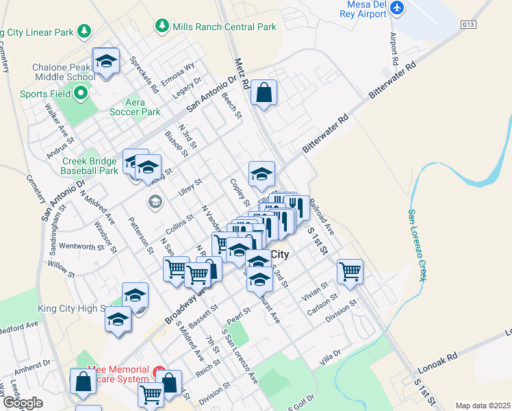 map of restaurants, bars, coffee shops, grocery stores, and more near 212 Lynn Street in King City