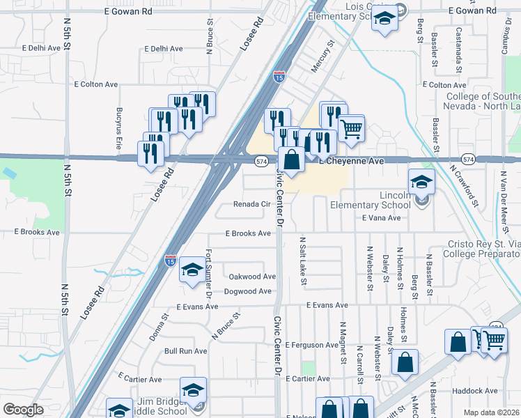 map of restaurants, bars, coffee shops, grocery stores, and more near in North Las Vegas