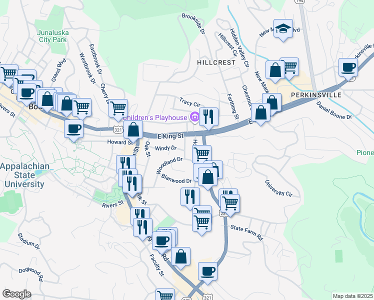 map of restaurants, bars, coffee shops, grocery stores, and more near 147 Woodland Drive in Boone