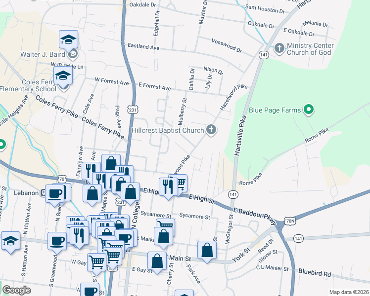 map of restaurants, bars, coffee shops, grocery stores, and more near 609 Hartsville Pike in Lebanon