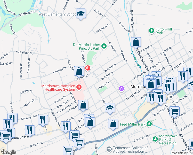 map of restaurants, bars, coffee shops, grocery stores, and more near 620 West 5th North Street in Morristown