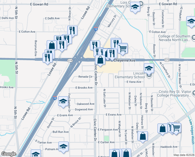 map of restaurants, bars, coffee shops, grocery stores, and more near 3033 Saint George Street in North Las Vegas
