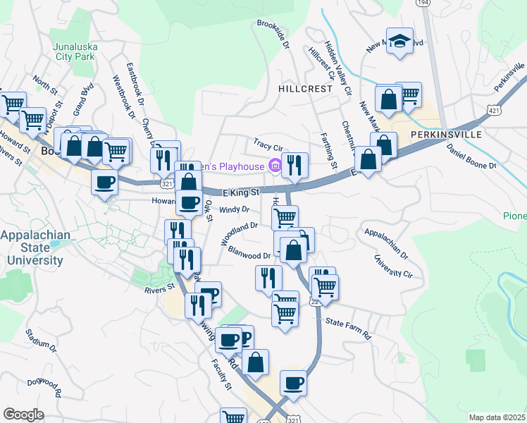 map of restaurants, bars, coffee shops, grocery stores, and more near 147 Woodland Drive in Boone