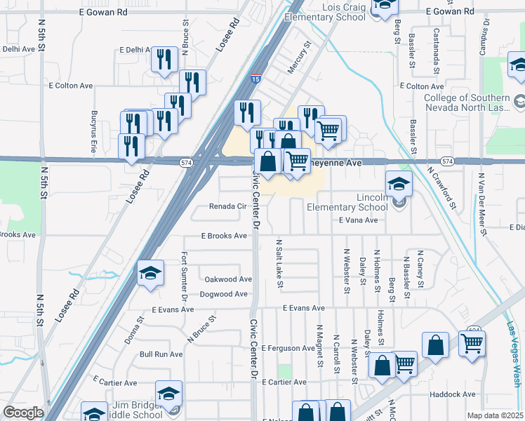 map of restaurants, bars, coffee shops, grocery stores, and more near 3033 Saint George Street in North Las Vegas
