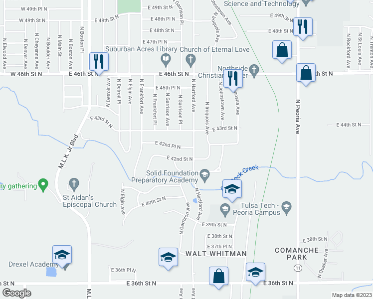 map of restaurants, bars, coffee shops, grocery stores, and more near 592 East 42nd Place North in Tulsa