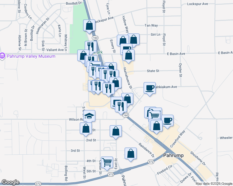 map of restaurants, bars, coffee shops, grocery stores, and more near 251 South Frontage Road in Pahrump