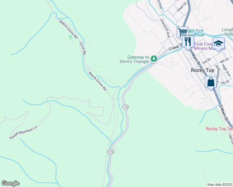 map of restaurants, bars, coffee shops, grocery stores, and more near 118 Beech Grove Lane in Rocky Top
