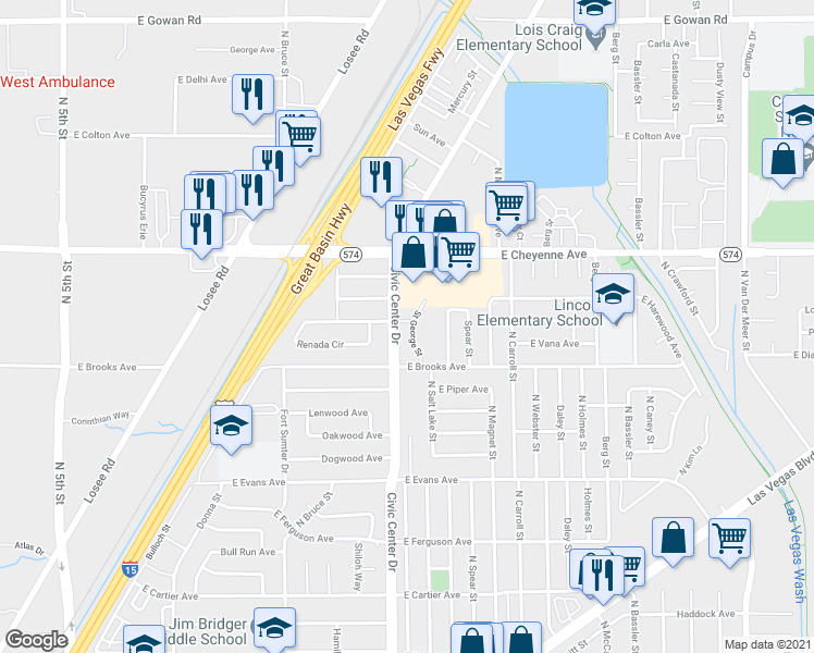 map of restaurants, bars, coffee shops, grocery stores, and more near 2045 East Cheyenne Avenue in North Las Vegas