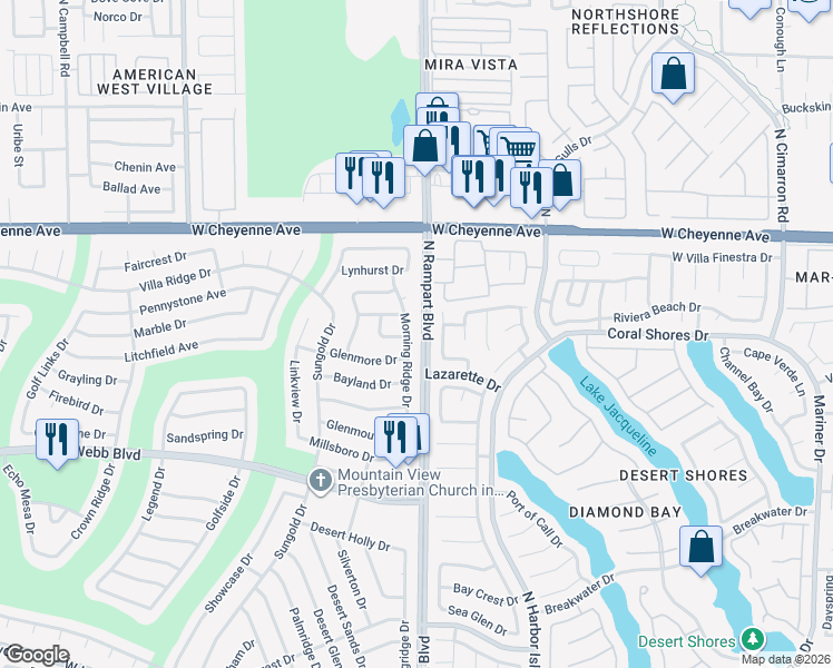 map of restaurants, bars, coffee shops, grocery stores, and more near 3028 Morning Ridge Drive in Las Vegas