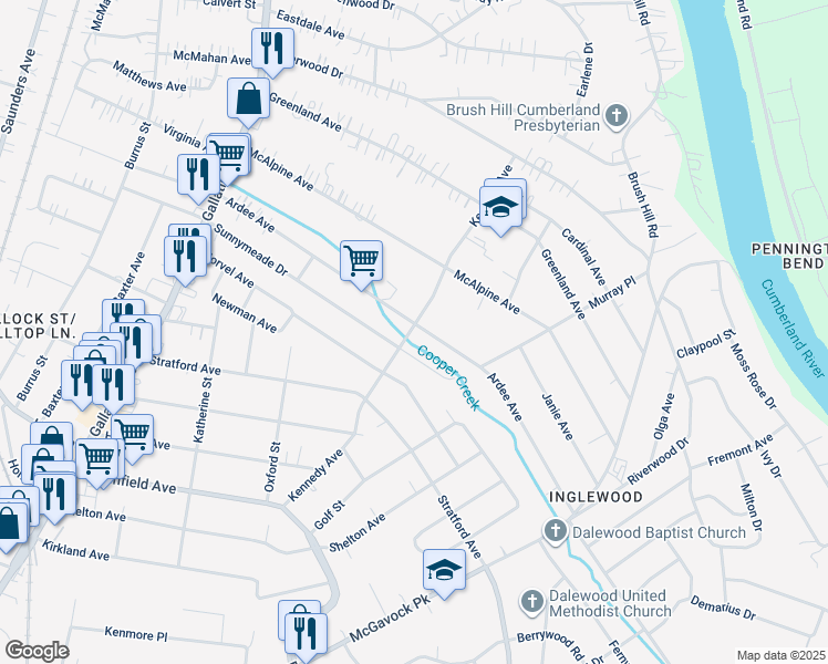 map of restaurants, bars, coffee shops, grocery stores, and more near 4001 Kennedy Avenue in Nashville