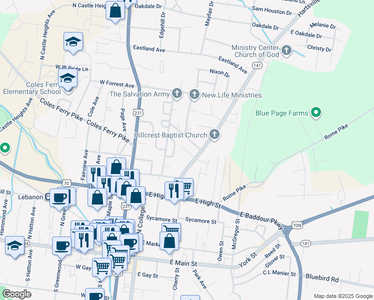 map of restaurants, bars, coffee shops, grocery stores, and more near 208 Burdock Street in Lebanon
