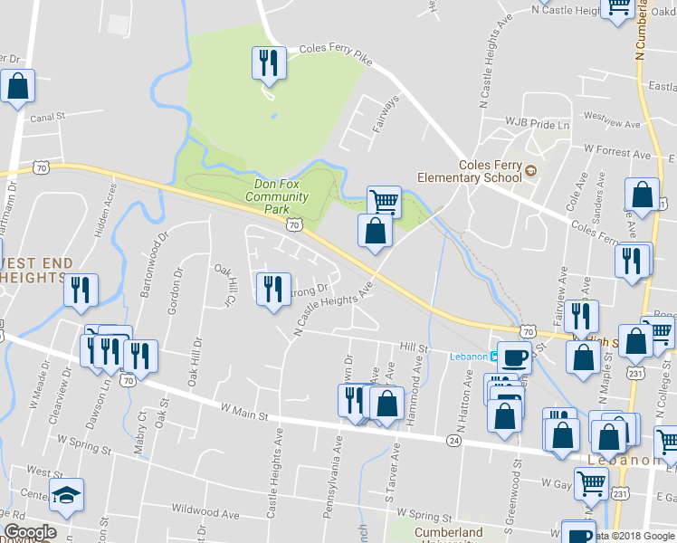 map of restaurants, bars, coffee shops, grocery stores, and more near 1 Phillips Court in Lebanon