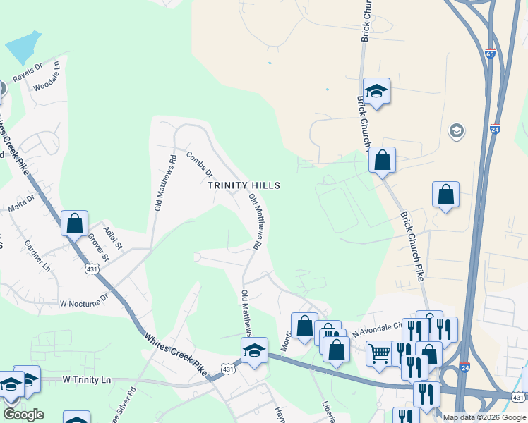 map of restaurants, bars, coffee shops, grocery stores, and more near 2643 Old Matthews Road in Nashville