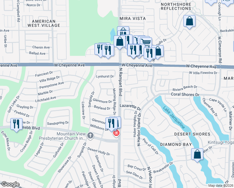map of restaurants, bars, coffee shops, grocery stores, and more near 3028 Morning Ridge Drive in Las Vegas