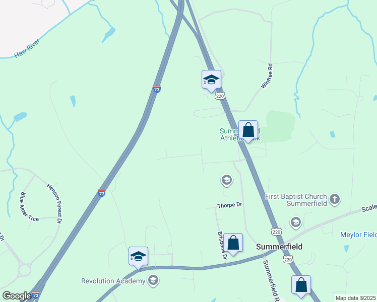 map of restaurants, bars, coffee shops, grocery stores, and more near 5502 Whispering Pines Drive in Summerfield