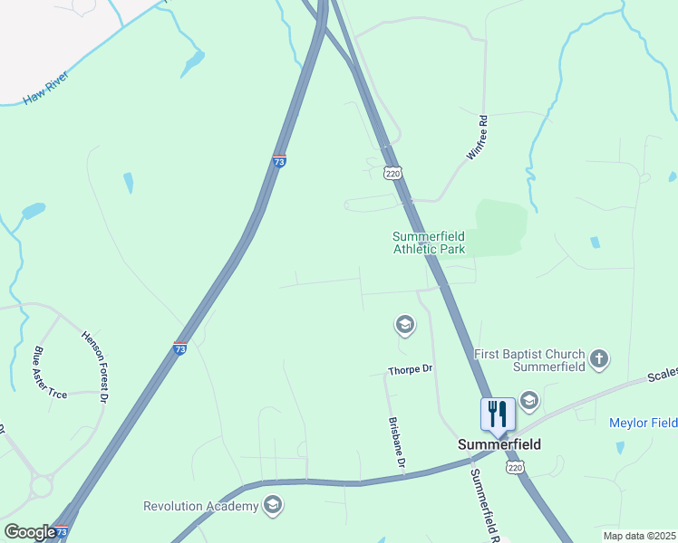 map of restaurants, bars, coffee shops, grocery stores, and more near 5502 Whispering Pines Drive in Summerfield