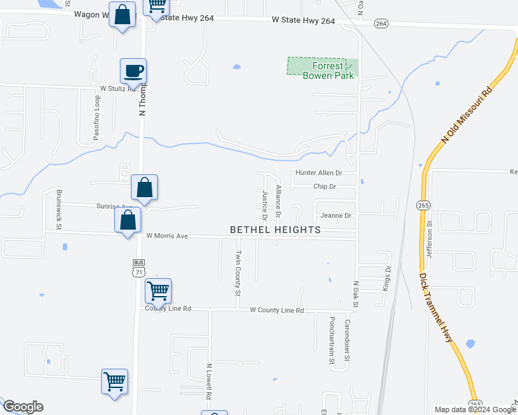 map of restaurants, bars, coffee shops, grocery stores, and more near 266 Honor Court in Bethel Heights