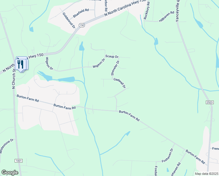 map of restaurants, bars, coffee shops, grocery stores, and more near 7802 Gadwall Court in Greensboro
