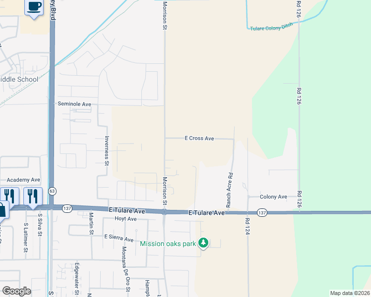 map of restaurants, bars, coffee shops, grocery stores, and more near 3231 East Cross Avenue in Tulare