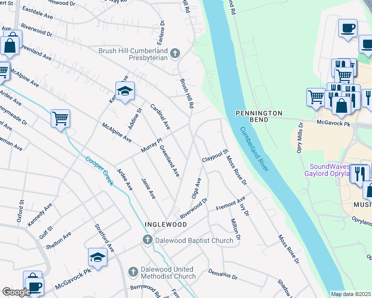map of restaurants, bars, coffee shops, grocery stores, and more near 1506 Riverwood Drive in Nashville