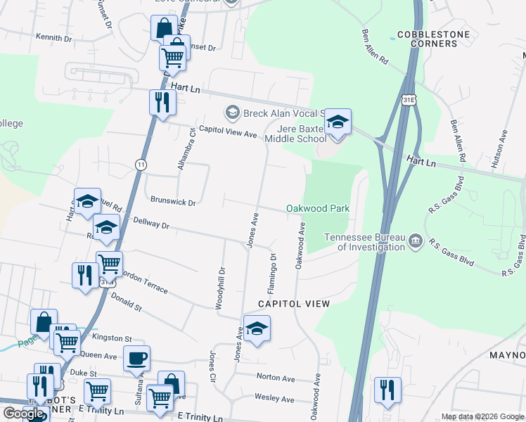 map of restaurants, bars, coffee shops, grocery stores, and more near 2719 Jones Avenue in Nashville