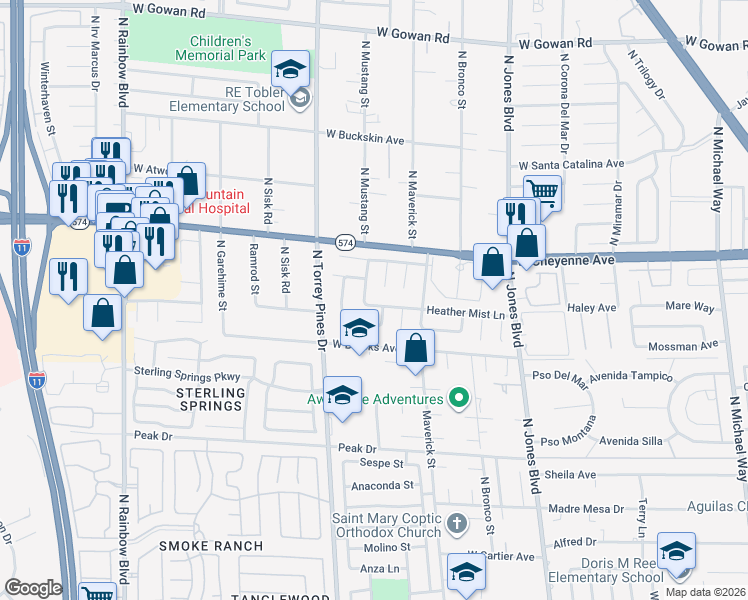 map of restaurants, bars, coffee shops, grocery stores, and more near 6232 Heather Mist Lane in Las Vegas
