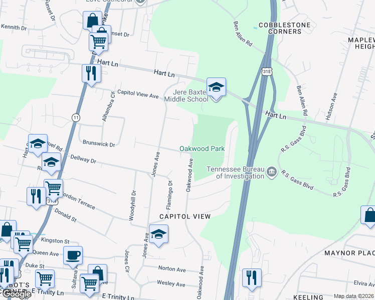 map of restaurants, bars, coffee shops, grocery stores, and more near 2713 Bullock Avenue in Nashville