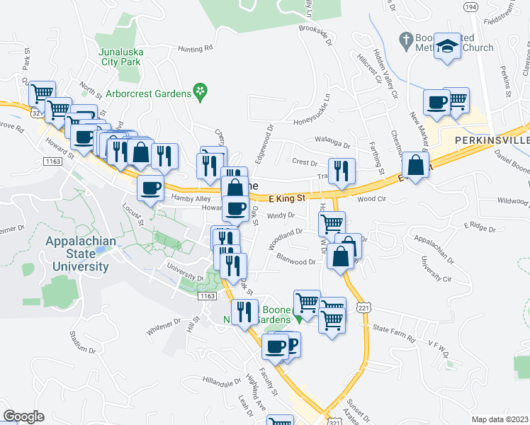 map of restaurants, bars, coffee shops, grocery stores, and more near 141 Windy Drive in Boone