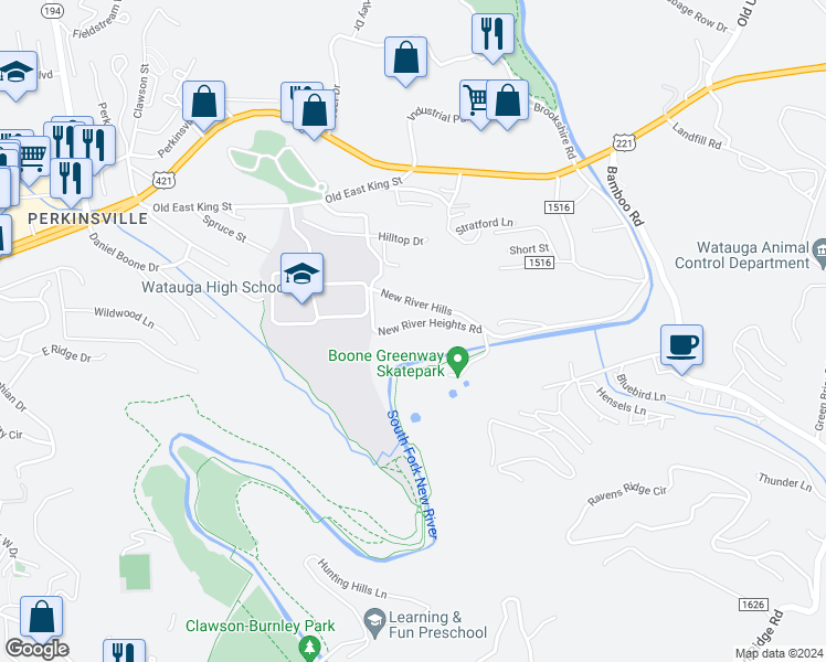 map of restaurants, bars, coffee shops, grocery stores, and more near 270 New River Heights Road in Boone