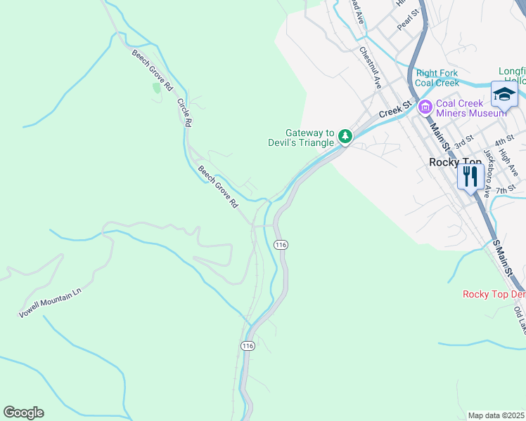 map of restaurants, bars, coffee shops, grocery stores, and more near 118 Beech Grove Lane in Rocky Top