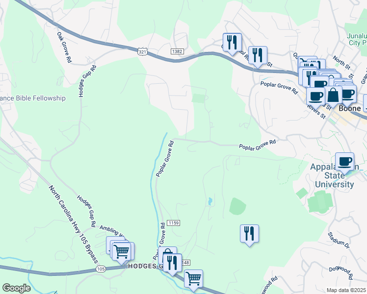 map of restaurants, bars, coffee shops, grocery stores, and more near 140 Flick Drive in Boone