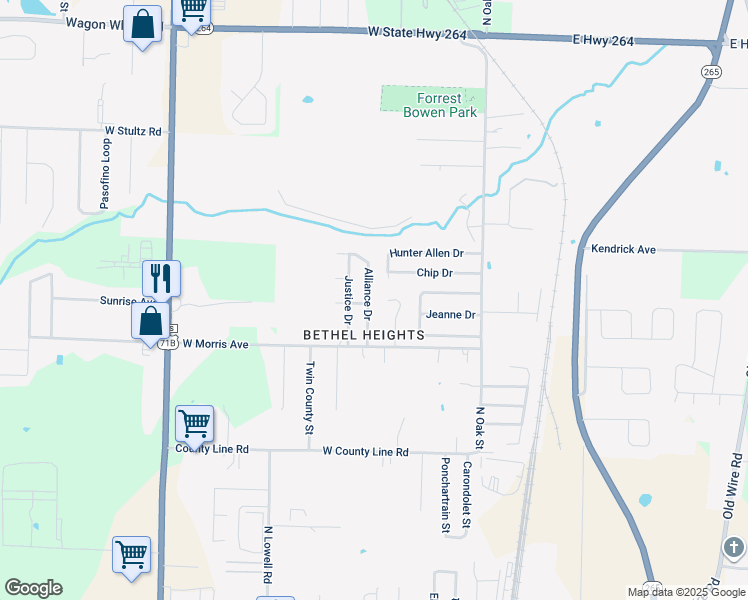 map of restaurants, bars, coffee shops, grocery stores, and more near 3461 Alliance Drive in Bethel Heights