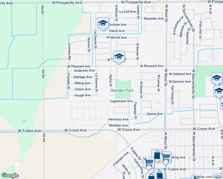 map of restaurants, bars, coffee shops, grocery stores, and more near 726 Alpha Street in Tulare
